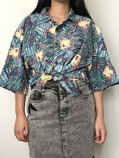 "\"Hang loose all summer with this tropical shirt. Features wood buttons and a left-side pocket. Size: XL  Length (HPS to Hem): 29\"\" Sleeve length: 10.75\"\" Chest: 50\"\" Condition: Great condition! Content: 100% Cotton - Slub Cotton\"" Tropical Print Shirt, Hawaiian Shorts, Tropical Shirts, Acid Wash Denim, Printed Sleeveless Top, Beach Shirts, Tropical Fish, Denim Wash, Short Sleeve Shirt