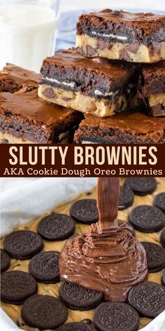 chocolate cookie dough oreo brownies are stacked on top of each other