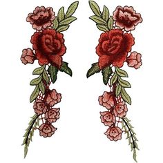 two red flowers with green leaves and buds on the stems are embroidered onto white fabric