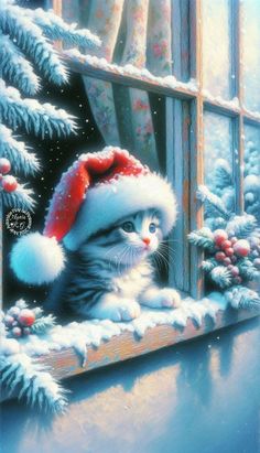 a painting of a cat wearing a santa hat looking out the window at snow covered trees