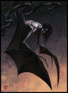 a painting of a woman sitting on top of a bat