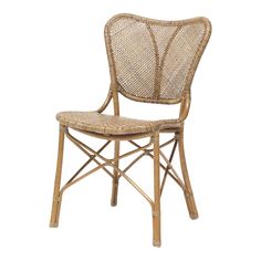 a wicker chair with a wooden frame and seat cushion on the back, against a white background