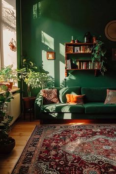 Cozy sage green living room with lush plants and colorful accents enhancing the serene sage color palette. Ideal for design inspiration. Green Living Room Aesthetic, Green Kitchen Inspiration, Dark Green Living Room, House Models, Fireplace Room, Stairs In Living Room, Aesthetic Living Room