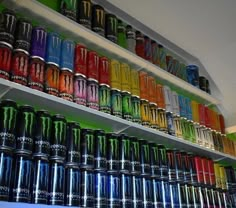 the shelves are filled with many different colored cans