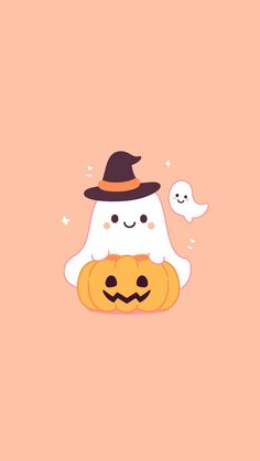 a cute ghost with a pumpkin in its hand