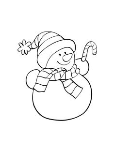 a black and white drawing of a snowman with a candy cane in his hand