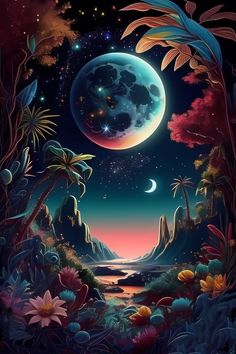 an image of the moon and stars in the night sky with palm trees, flowers, and mountains