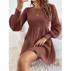 -Item Id 12672399 -Neckline: Round Neck -Sleeve Type: Bishop Sleeve -Style: Casual -Waist Line: High Waist -Hem Shaped: Flared -Color: Rust Brown -Pattern Type: Plain -Sleeve Length: Long Sleeve -Length: Short -Fit Type: Regular Fit -Fabric: Slight Stretch -Material: Knitwear -Composition: 100% Polyester -Care Instructions: Hand Wash Or Professional Dry Clean -Temperature: Late Fall (10-17/50-63) -Sheer: No **Open To Offers!!!** **Bundle To Save More** **30% Off Bundles Of 2 Or More Items!!** ** Long Sleeve Short Dress Casual Fall, Tiktok Business, Goth Preppy, Boho Prom, Dress Professional, Blazer Blouse, Summer 90s, Lantern Sleeve Sweater, Pants Collection