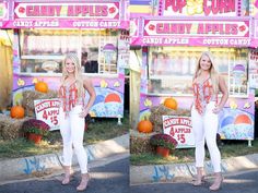 two pictures of a woman standing in front of a carnival booth at an amusement park