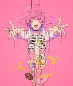 an anime character with pink hair holding doughnuts and wearing a skeleton costume while standing in front of a pink background