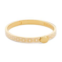 This bangle is fitted with a secure hinge clasp and features our enchanting bee design in cream. It's crafted from 18ct gold plated brass with enamel decoration. Its neutral tone and sleek silhouette will compliment both casual and formal outfits. Gold Chain Design, Halcyon Days, Scarf Necklace, Enamel Bangle, Bespoke Gifts, Formal Outfits, Chain Design, Bee Design, Gold Bangle