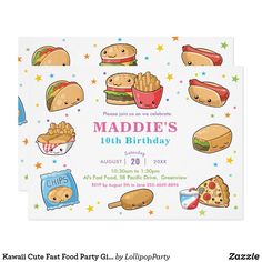 a birthday party card with food items on the front and bottom, including hot dogs, hamburger