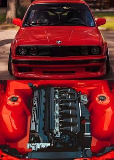 the engine compartment of a red sports car