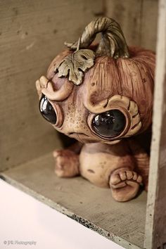 a close up of a small figurine on a shelf with eyes and hair