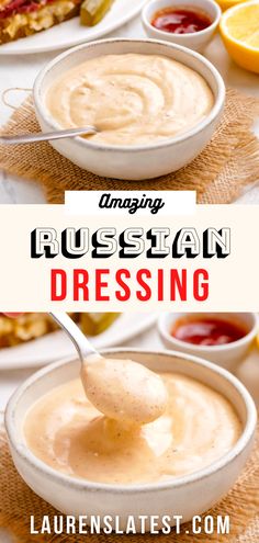 russian dressing in a white bowl with spoon and lemon slices on the side, text overlay reads amazing russian dressing