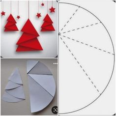 paper christmas trees are cut out and placed on top of each other, with red stars hanging from them