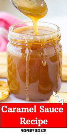 caramel sauce in a glass jar being drizzled over crackers with a spoon