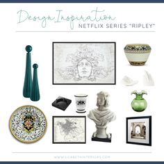 a group of different items that include vases, pictures and other decorative objects with the words design inspirationation netflix series ripple