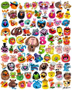 an image of many different cartoon characters on a white background with the number five in front