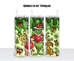 the grinch christmas tumbler is designed to look like it has been decorated with green and