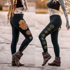 Hamsa Hand Fitness Leggings - Glow in the Dark Women's Sacred Geometry ClothingThese comfortable black cotton/spandex leggings feature my metallic gold and glow in the dark sacred geometric Hamsa Hand design. The gold Hamsa print on the top of the right leg also has the platonic solid shapes printed in the fingers in glow in the dark ink, as well as a glow in the dark Seed of Life over the palm. The rest of the right leg features two more double layer sacred geometry prints as well as a column o Black Cotton Yoga Leggings, Black Stretch Yoga Pants For Festival, Festival Stretch Black Leggings, Black Stretch Festival Leggings, Black Stretch Leggings For Festivals, Sacred Geometry Clothing, Yoga Wear Women, Sacred Geometric, Platonic Solid