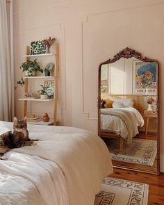 a cat laying on top of a bed next to a mirror in a living room