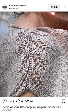 the back of a woman's sweater with crocheted lace on it and an instagram post about knitting