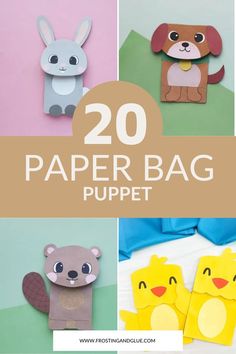 paper bag puppets with the title overlay that reads, 20 paper bag puppets