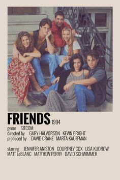 the friends movie poster is shown with many people sitting on steps in front of stairs