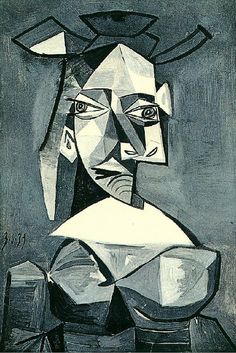 a black and white painting of a man's face with geometric shapes on it