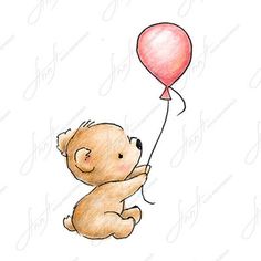 a drawing of a teddy bear holding a red balloon