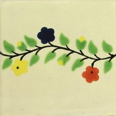 an artistic tile with flowers and leaves painted on the side, in yellow, blue, red, green and orange colors