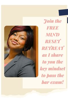 a woman with red hair is smiling and has a quote on it that says join the free men rest retreat as i share to you the key mindset to pass the bar exam