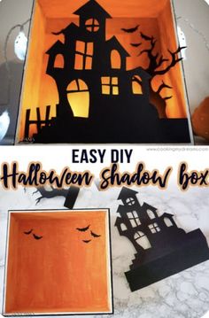 an easy diy halloween shadow box with the silhouettes of houses and bats on it