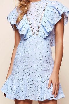 Shop the Monica Broderie Anglaise Ruffle Dress Steel Blue | Selfie Leslie Summer Brunch Dresses With Scalloped Edges, Summer Eyelet Dresses For Garden Party, Summer Broderie Anglaise Mini Dress For Garden Party, Cotton Summer Dresses With Scalloped Edges, Summer Beach Mini Dress With Eyelet Details, Summer Mini Dress With Broderie Anglaise, Summer Mini Dress With Broderie Anglaise For Beach, Summer Vacation Mini Dress With Broderie Anglaise, Summer Eyelet Beach Dress