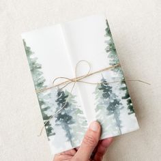 a hand holding a wrapped present with pine trees on the wrapping paper and twine