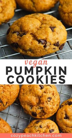 vegan pumpkin cookies on a cooling rack with text overlay that reads vegan pumpkin cookies