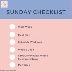 A Sunday Checklist for anyone battling the Sunday Scaries. Avni shares her practices for planning ahead for her week and the tools she uses to stay organized! Sunday Schedule, Sunday Checklist, Sunday Scaries, Todo List, Success Affirmations, Weekly Planning, Work Week, The Tools