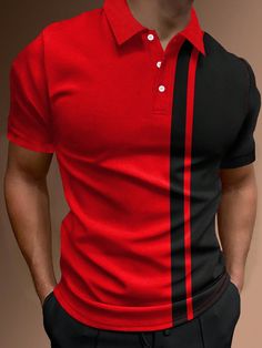 Red Casual Collar Short Sleeve Polyester Colorblock,Striped  Embellished Slight Stretch Summer Men Clothing Men Shirt Style, Mens Casual Outfits, Polo Collar, Men Clothing, Mens Summer