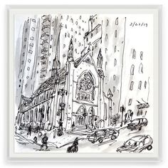 a black and white drawing of a church in the middle of a city with tall buildings