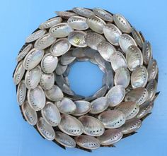 a wreath made out of seashells on a blue background