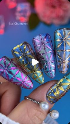 Nails Lover 💅 on Instagram: "2D Chrome Nailart💙💚💛 
Love this technique, and chrome on chrome as well, but this combo is🔥 and not chipping or lifting or peeling, just choose a right top and clean off excess of chrome powder well👍 Let me know if you’re struggling with a chrome application, I can make more specific educational videos 🤗
P.S. for background I used a Custom made colors🫶" Chrome Pattern Nails, Crom Nails, Chrome Nails Ideas, Chrome Nail Art Designs, Chrome Nail Art, Chrome Powder, Nail Patterns, Make Color, Chrome Nails