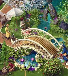 a painting of people and animals on a bridge in the middle of a park with flowers