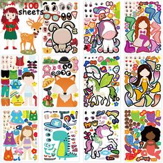 several different stickers with animals and people on them, all in various shapes and sizes