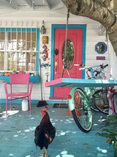 a rooster standing in front of a blue and pink house with a bicycle parked next to it