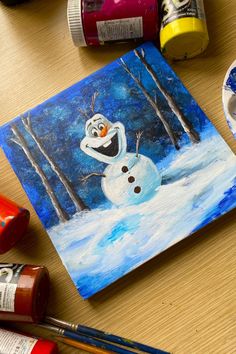 A joyful Olaf Christmas painting on canvas, showing the snowman in a snowy winter setting. Christmas Canvas Art Easy, Festive Home Decor, Winter Project