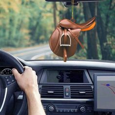 a car dashboard with a horse decoration hanging from the dash board, and a person driving