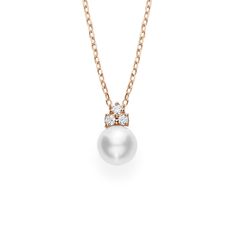 With a classic design that will complement any ensemble, MIKIMOTO presents this beautiful pendant. Set in 18k rose gold, the chain exhibits a single lustrous Akoya cultured white pearl of A+ quality measuring 7.75mm crowned by 3 glittering round diamonds totaling 1/15ctw. The chain is adjustable from 16-18". MIKIMOTO Style #: MPQ10117ADXZ Classic Rose Gold Pendant Necklace, Refined Rose Gold Necklace For Formal Occasion, Refined Rose Gold Necklace For Wedding, Refined Rose Gold Wedding Necklace, Elegant Rose Gold Solitaire Necklace With Delicate Chain, Refined Rose Gold Diamond Necklace, Refined Rose Gold Diamond Necklaces, Formal Rose Gold Necklace With Pearl Pendant, Classic Rose Gold Solitaire Necklace With Diamond Accents