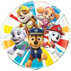 the paw patrol foil balloon has four puppies on it and one is wearing a fireman's hat