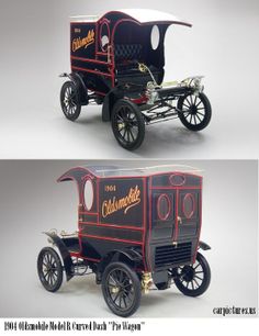 an old fashioned car is shown in two different views, one black and the other red